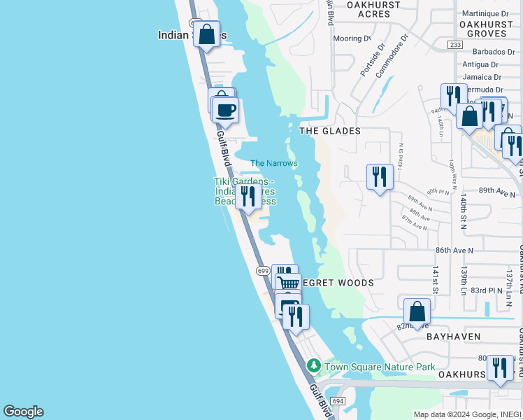 map of restaurants, bars, coffee shops, grocery stores, and more near 19531 Gulf Boulevard in Indian Shores