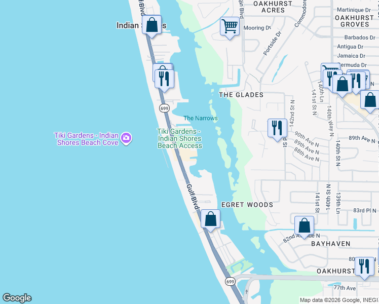 map of restaurants, bars, coffee shops, grocery stores, and more near 19527 Gulf Boulevard in Indian Shores