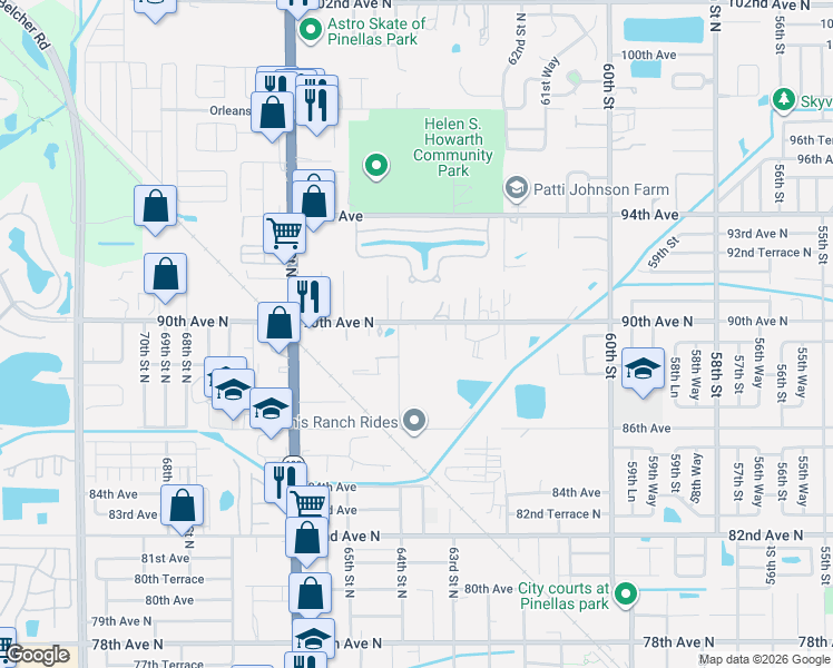 map of restaurants, bars, coffee shops, grocery stores, and more near 6370 90th Avenue North in Pinellas Park