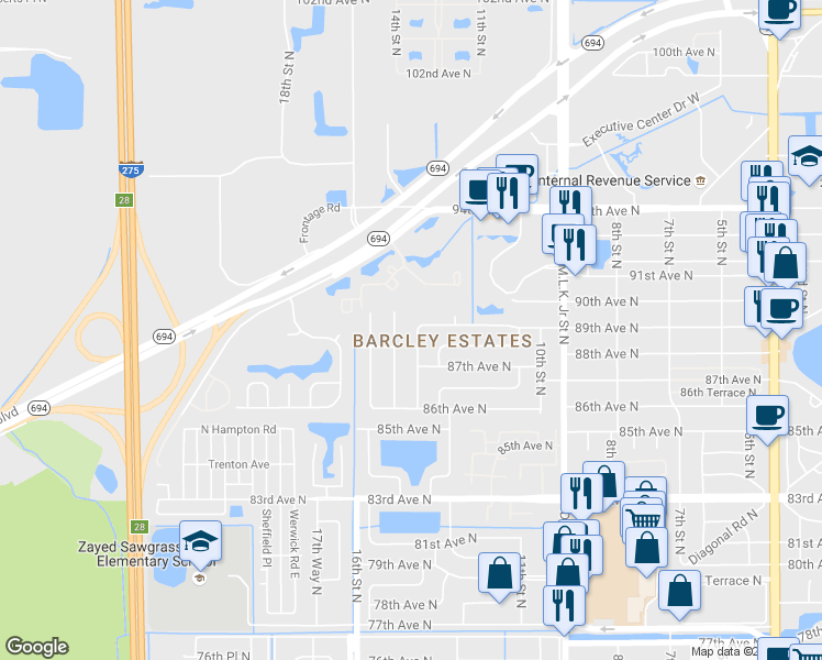 map of restaurants, bars, coffee shops, grocery stores, and more near 8790 15th Street North in St. Petersburg