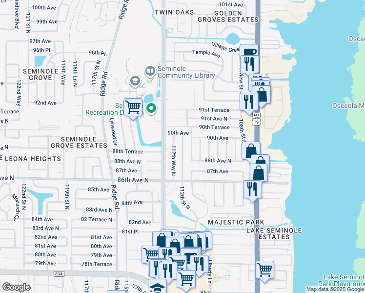 map of restaurants, bars, coffee shops, grocery stores, and more near 8908 112th Street North in Seminole