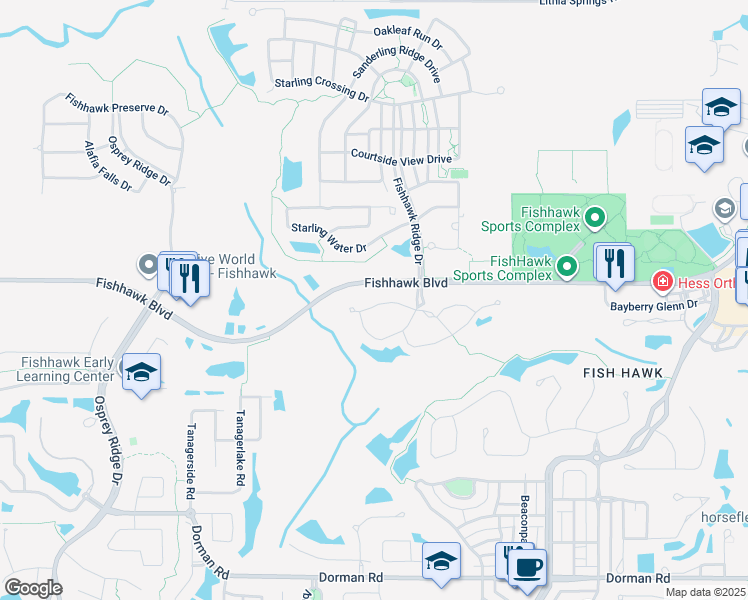 map of restaurants, bars, coffee shops, grocery stores, and more near 15748 Fishhawk Falls Drive in Lithia