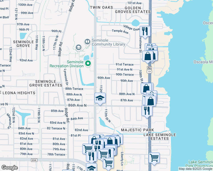 map of restaurants, bars, coffee shops, grocery stores, and more near 8908 112th Street North in Seminole