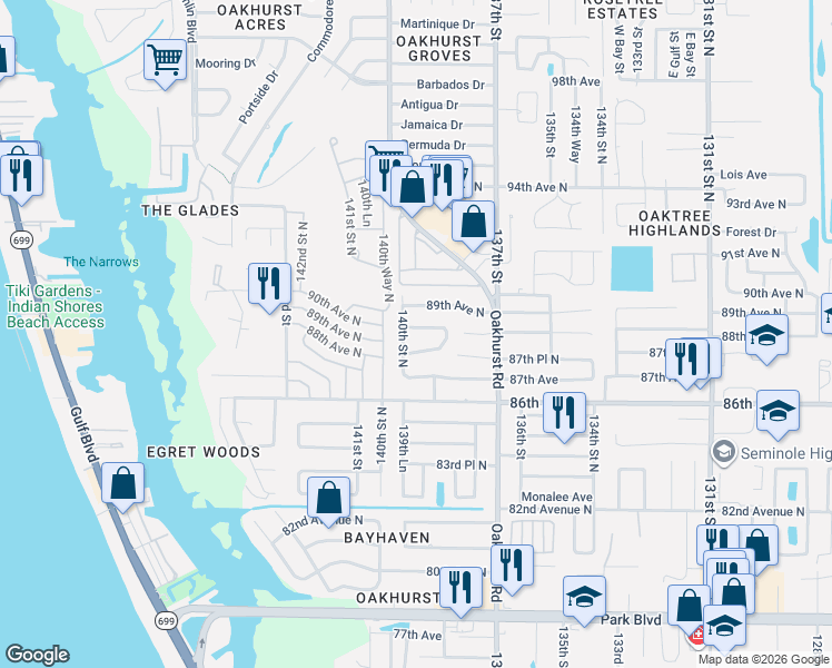 map of restaurants, bars, coffee shops, grocery stores, and more near 13960 88th Terrace in Seminole