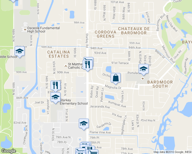 map of restaurants, bars, coffee shops, grocery stores, and more near 8934 Narcissus Ave in Seminole