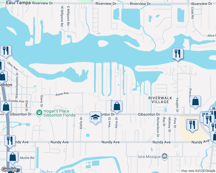 map of restaurants, bars, coffee shops, grocery stores, and more near 9930 Peninsular Drive in Gibsonton