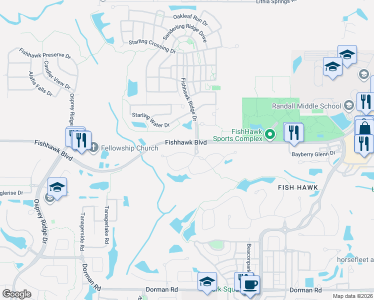 map of restaurants, bars, coffee shops, grocery stores, and more near 15764 Fishhawk Falls Drive in Lithia
