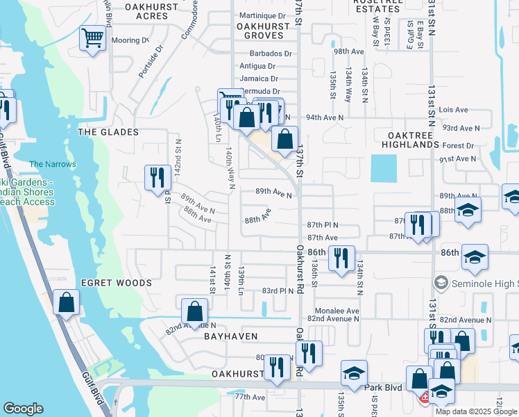map of restaurants, bars, coffee shops, grocery stores, and more near 13821 88th Terrace in Seminole