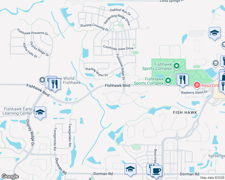 map of restaurants, bars, coffee shops, grocery stores, and more near 15764 Fishhawk Falls Drive in Lithia