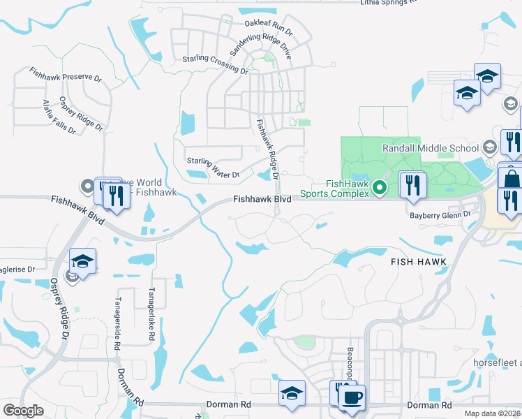 map of restaurants, bars, coffee shops, grocery stores, and more near 15764 Fishhawk Falls Drive in Lithia