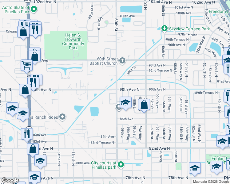 map of restaurants, bars, coffee shops, grocery stores, and more near 8990 60th Street in Pinellas Park