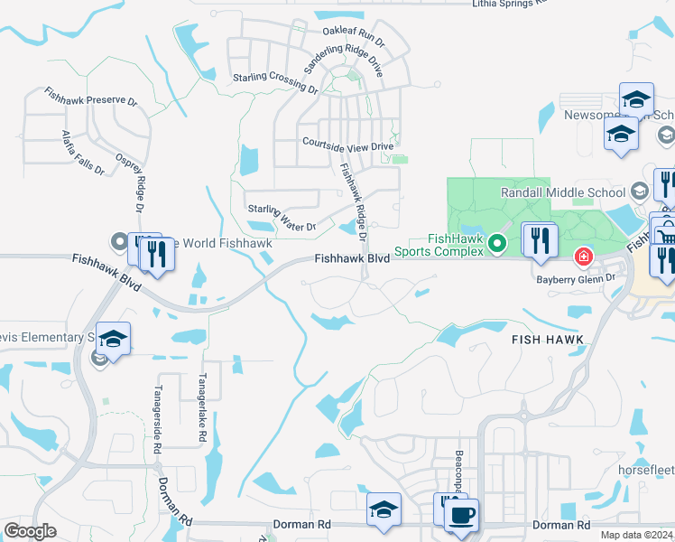 map of restaurants, bars, coffee shops, grocery stores, and more near 15768 Fishhawk Falls Drive in Lithia