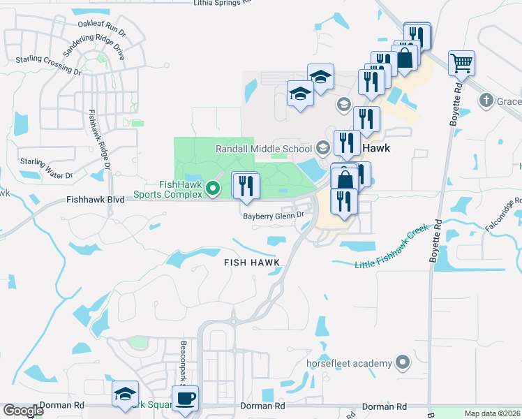 map of restaurants, bars, coffee shops, grocery stores, and more near 16232 Bayberry Glenn Drive in Lithia