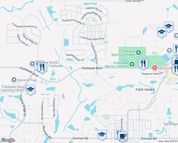 map of restaurants, bars, coffee shops, grocery stores, and more near 15764 Fishhawk Falls Drive in Lithia