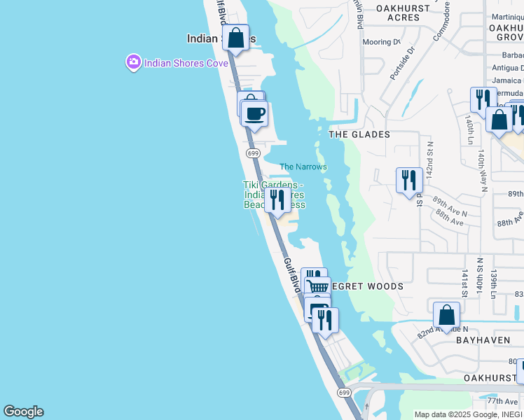 map of restaurants, bars, coffee shops, grocery stores, and more near 19534 Gulf Boulevard in Indian Shores