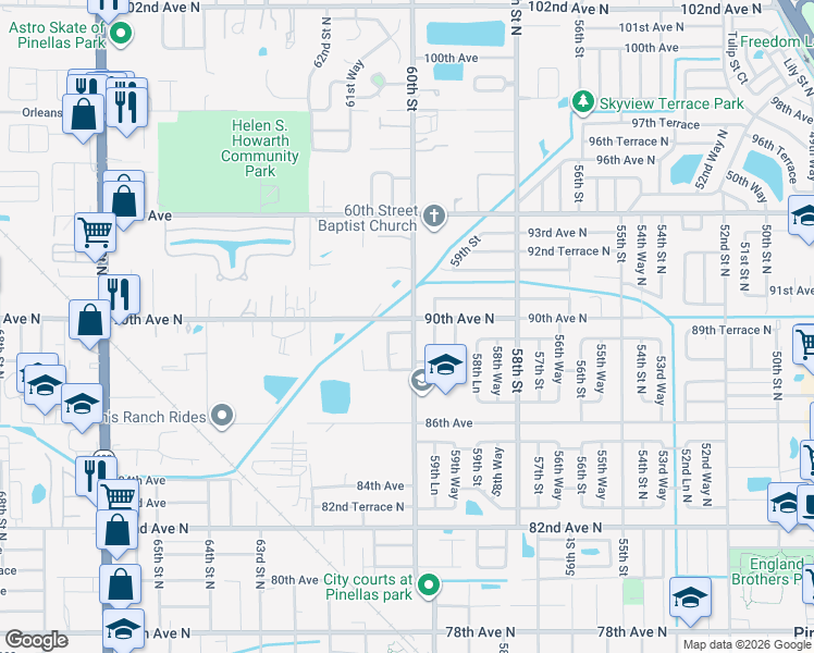 map of restaurants, bars, coffee shops, grocery stores, and more near 6020 90th Avenue North in Pinellas Park