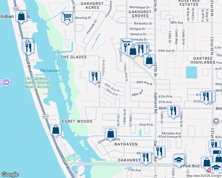 map of restaurants, bars, coffee shops, grocery stores, and more near 14104 89th Avenue North in Seminole
