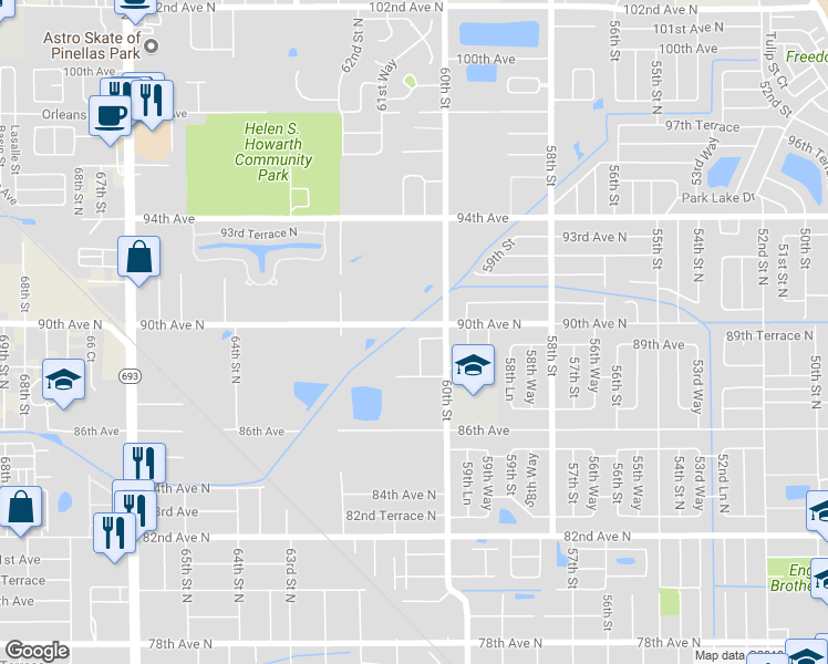 map of restaurants, bars, coffee shops, grocery stores, and more near 6020 90th Avenue North in Pinellas Park