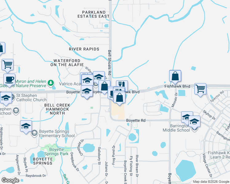map of restaurants, bars, coffee shops, grocery stores, and more near 13429 Fishhawk Boulevard in Lithia