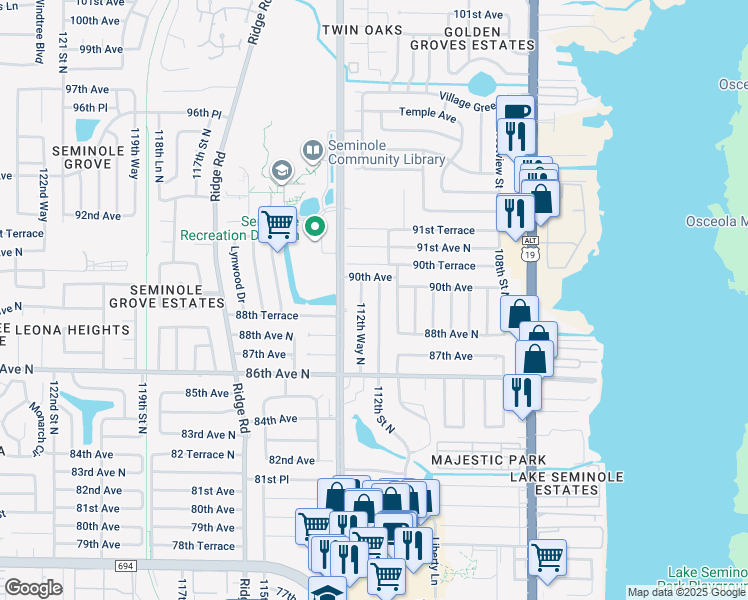 map of restaurants, bars, coffee shops, grocery stores, and more near 8908 112th Street North in Seminole