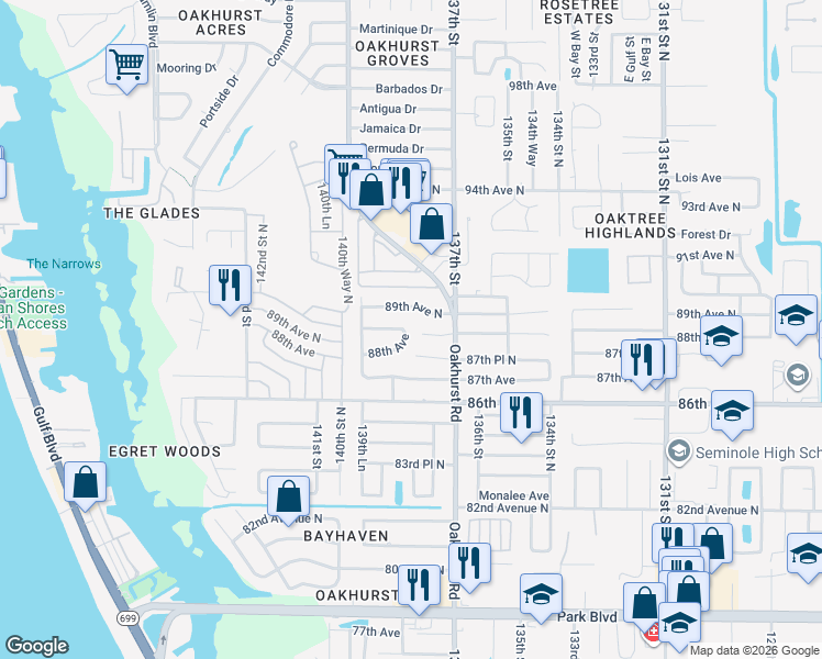 map of restaurants, bars, coffee shops, grocery stores, and more near 13821 88th Terrace in Seminole