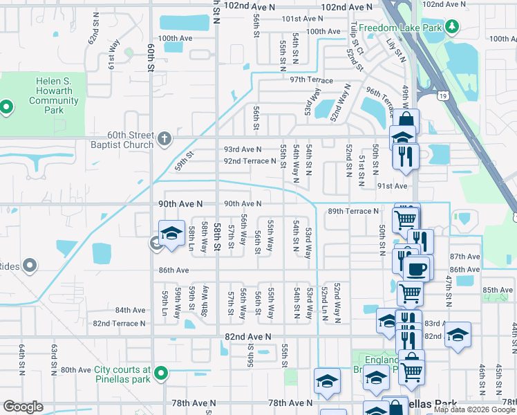 map of restaurants, bars, coffee shops, grocery stores, and more near 5600 90th Avenue North in Pinellas Park