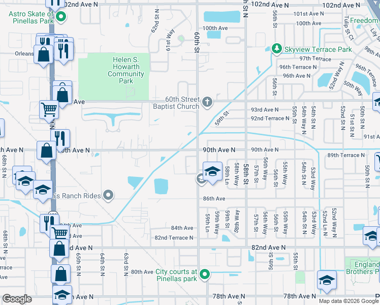 map of restaurants, bars, coffee shops, grocery stores, and more near 6020 90th Avenue North in Pinellas Park