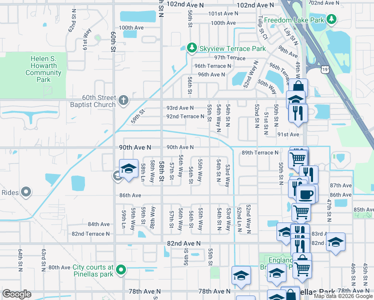 map of restaurants, bars, coffee shops, grocery stores, and more near 5600 90th Avenue North in Pinellas Park