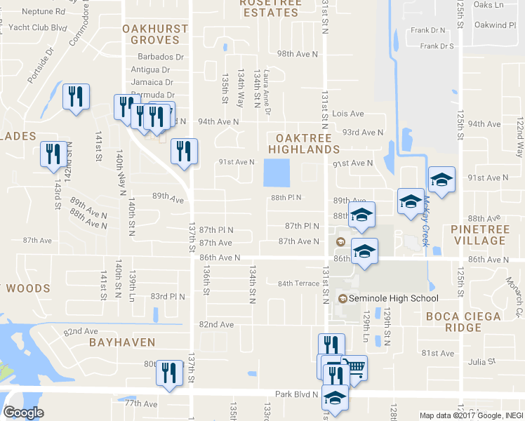 map of restaurants, bars, coffee shops, grocery stores, and more near 8872 134th Street North in Seminole