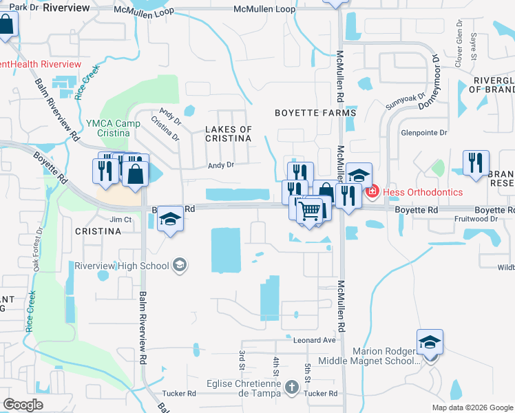 map of restaurants, bars, coffee shops, grocery stores, and more near 10232 Newel Valley Loop in Riverview