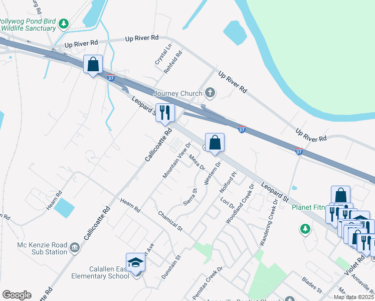 map of restaurants, bars, coffee shops, grocery stores, and more near 11942 Mesa Drive in Corpus Christi