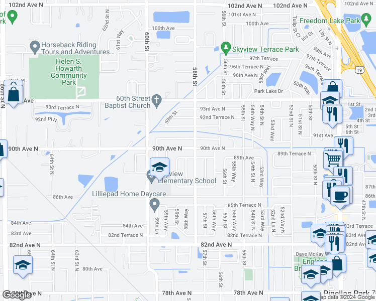 map of restaurants, bars, coffee shops, grocery stores, and more near 5820 90th Avenue North in Pinellas Park