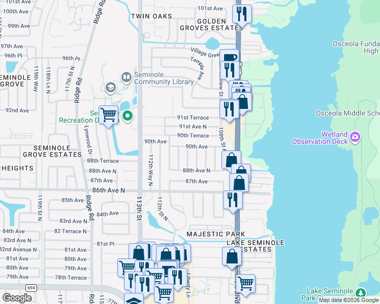 map of restaurants, bars, coffee shops, grocery stores, and more near 8957 110th Street in Seminole
