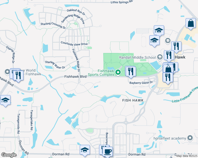 map of restaurants, bars, coffee shops, grocery stores, and more near 15973 Fishhawk View Drive in Lithia