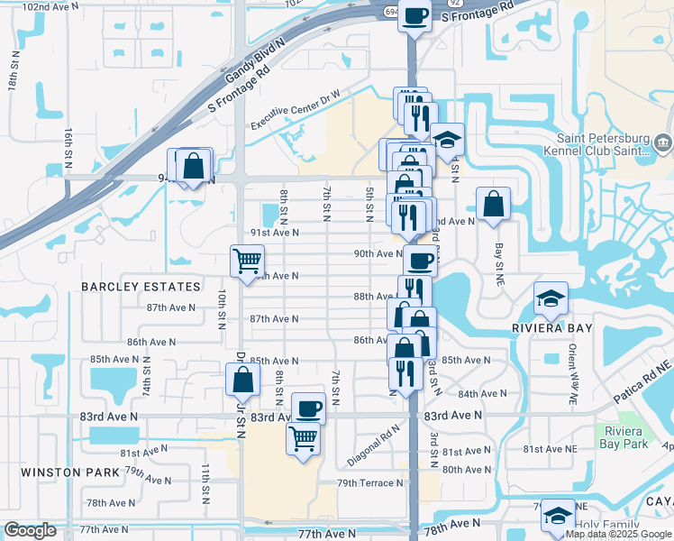 map of restaurants, bars, coffee shops, grocery stores, and more near 629 89th Avenue North in St. Petersburg