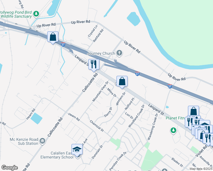 map of restaurants, bars, coffee shops, grocery stores, and more near 11942 Mesa Drive in Corpus Christi