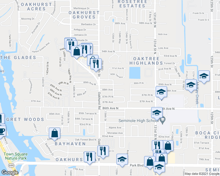map of restaurants, bars, coffee shops, grocery stores, and more near 13583 88th Avenue in Seminole