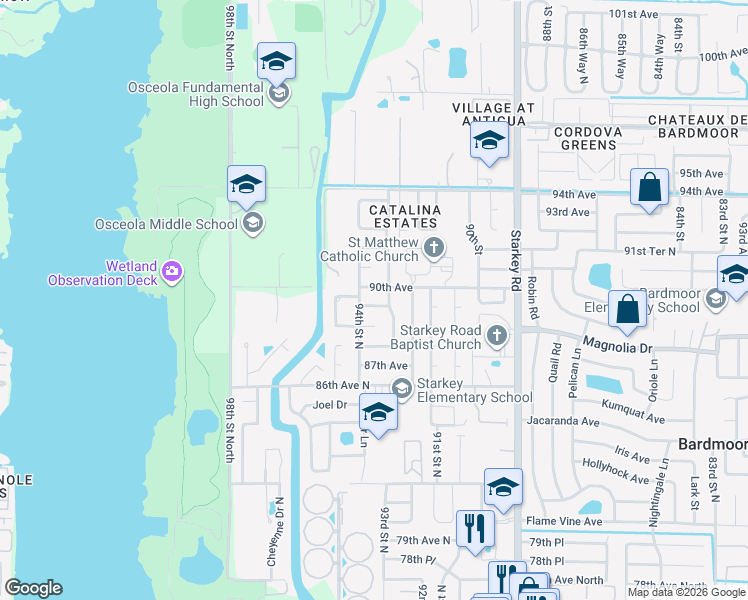 map of restaurants, bars, coffee shops, grocery stores, and more near 9347 89th Avenue North in Seminole