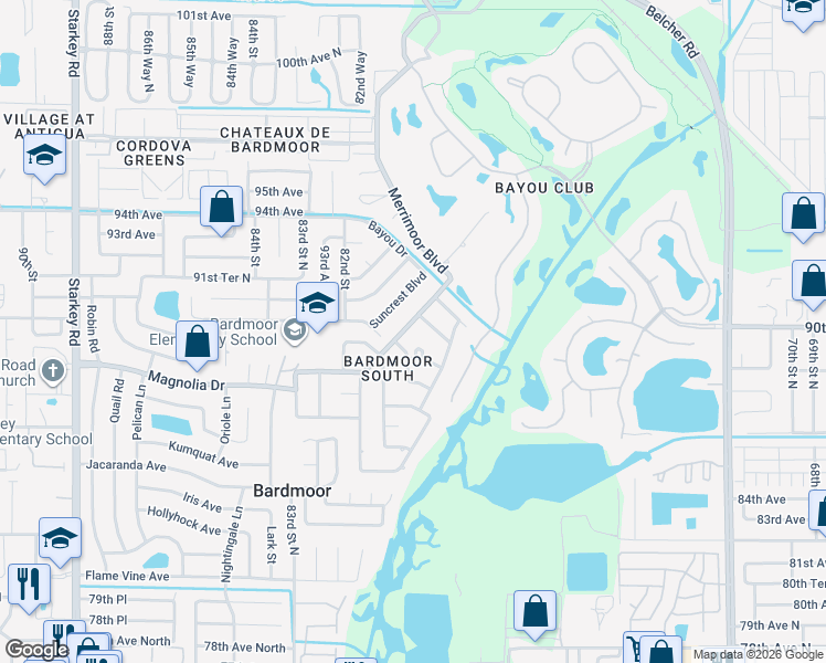 map of restaurants, bars, coffee shops, grocery stores, and more near 9045 Merrimoor Boulevard in Seminole