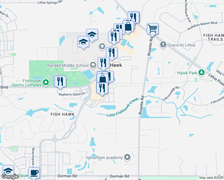 map of restaurants, bars, coffee shops, grocery stores, and more near 16604 Kingletside Court in Lithia