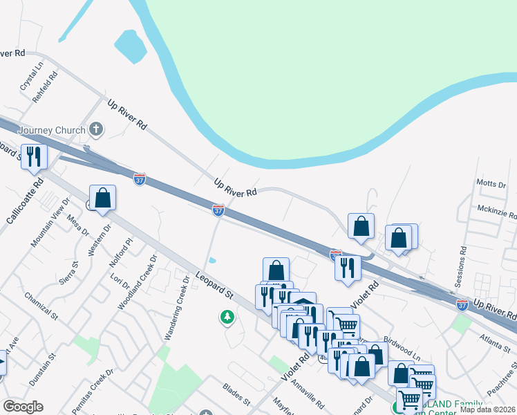 map of restaurants, bars, coffee shops, grocery stores, and more near 11551 Up River Road in Corpus Christi