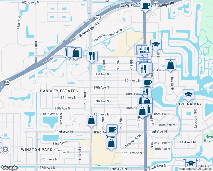 map of restaurants, bars, coffee shops, grocery stores, and more near 753 89th Avenue North in St. Petersburg