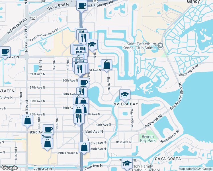 map of restaurants, bars, coffee shops, grocery stores, and more near 8900 Bay Street Northeast in St. Petersburg