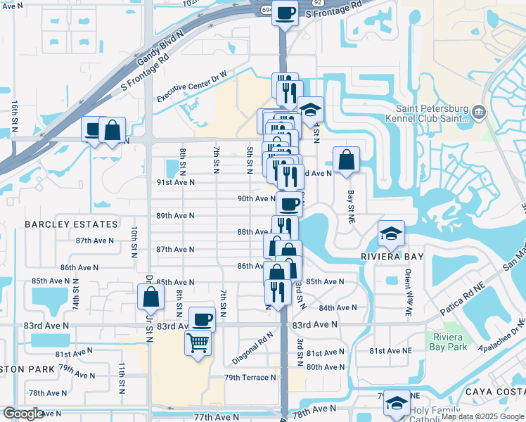 map of restaurants, bars, coffee shops, grocery stores, and more near 421 89th Avenue North in St. Petersburg