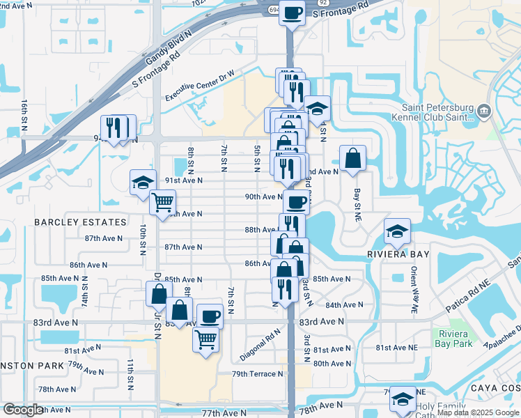 map of restaurants, bars, coffee shops, grocery stores, and more near 501 89th Avenue North in St. Petersburg