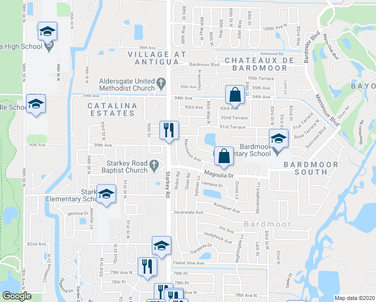 map of restaurants, bars, coffee shops, grocery stores, and more near 8934 Narcissus Avenue in Seminole