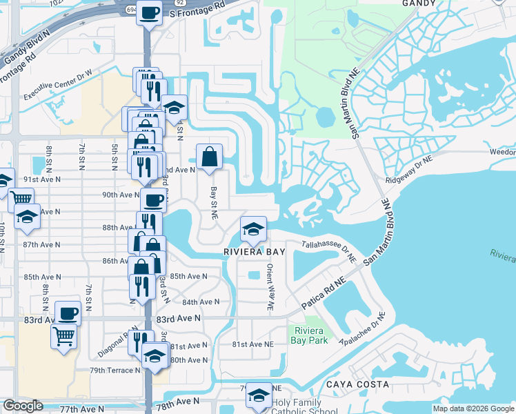 map of restaurants, bars, coffee shops, grocery stores, and more near 311 89th Avenue Northeast in St. Petersburg