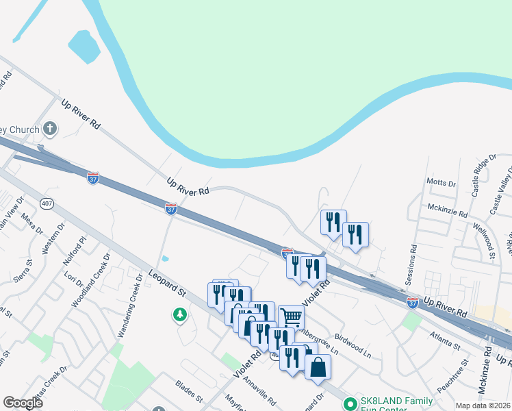 map of restaurants, bars, coffee shops, grocery stores, and more near 11415 Up River Road in Corpus Christi