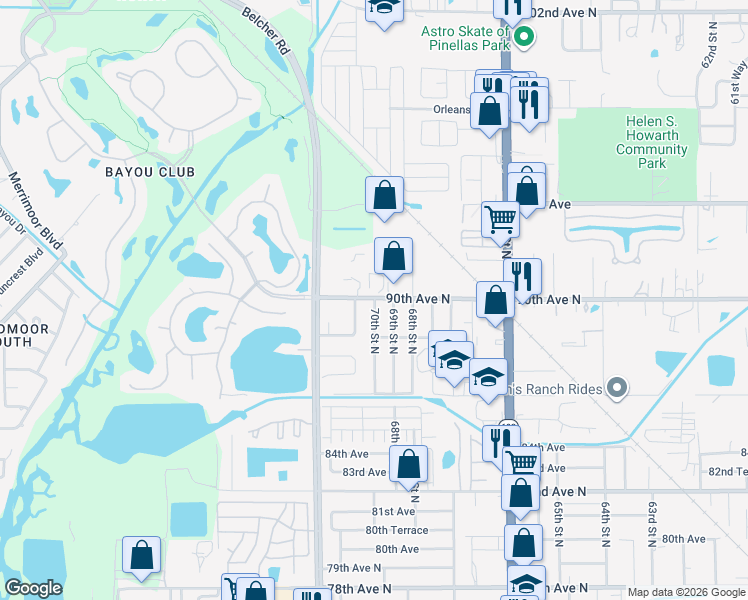 map of restaurants, bars, coffee shops, grocery stores, and more near 8995 70th Street North in Pinellas Park