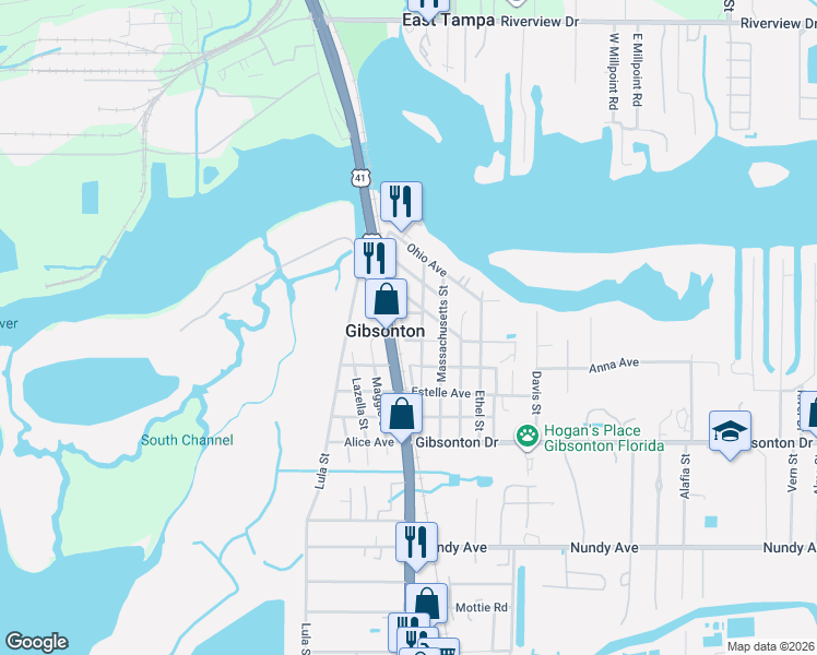 map of restaurants, bars, coffee shops, grocery stores, and more near 9827 New York Street in Gibsonton